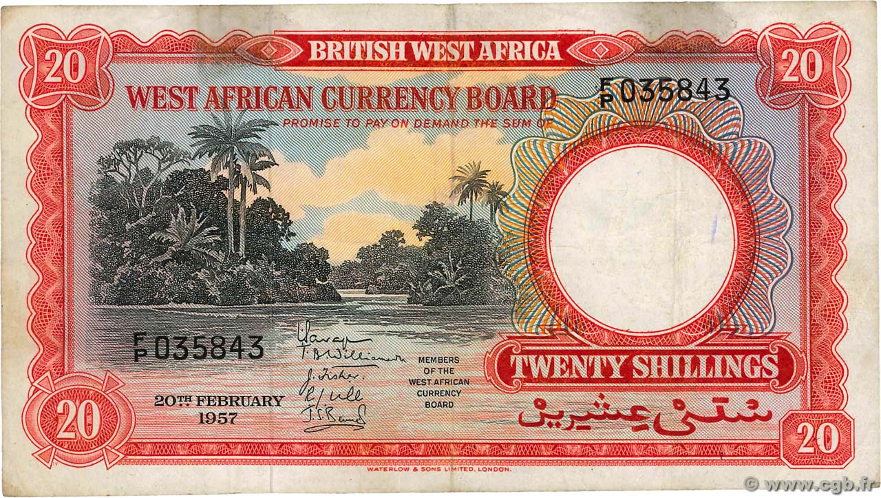 20 Shillings AFRIQUE OCCIDENTALE BRITANNIQUE  1957 P.10a pr.TTB