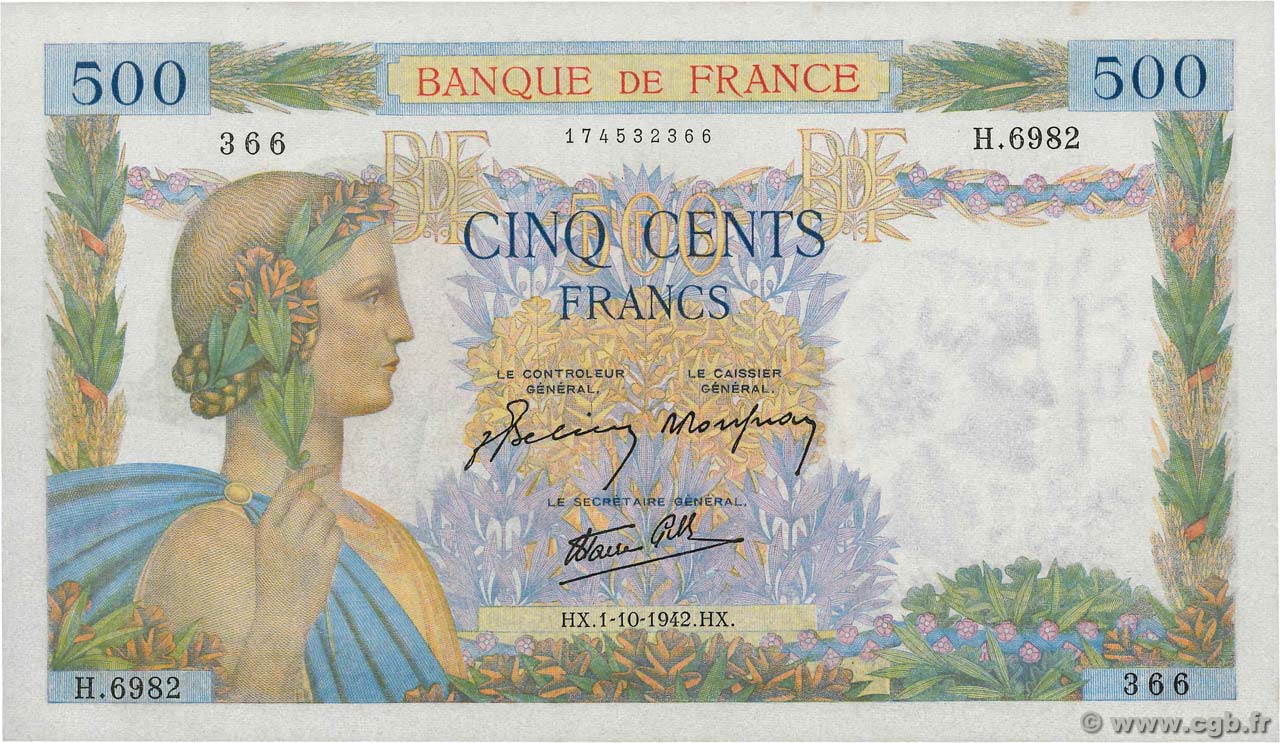 500 Francs LA PAIX FRANCE 1942 F.32.41 pr.NEUF