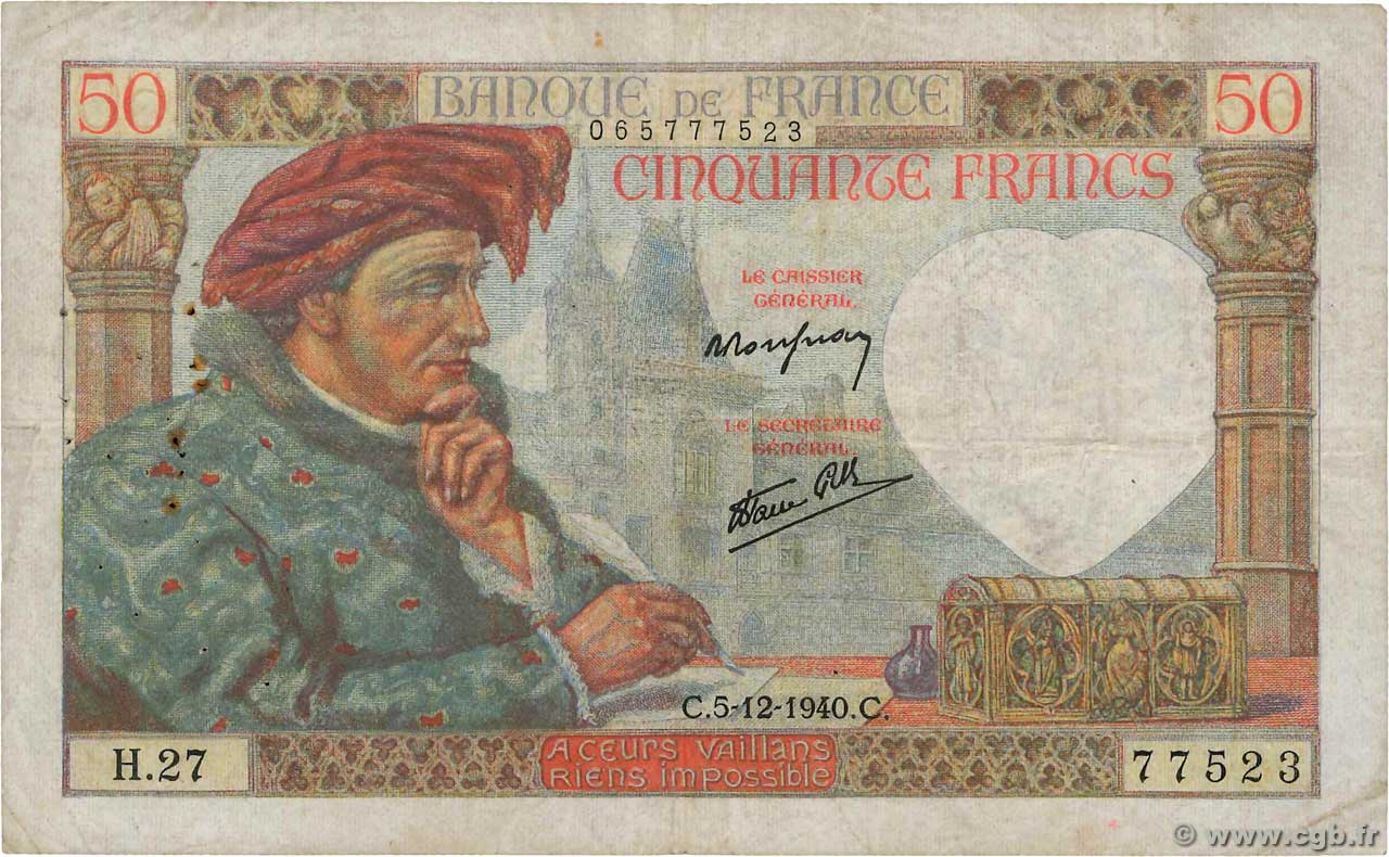 50 Francs JACQUES CŒUR FRANCE  1940 F.19.04 F