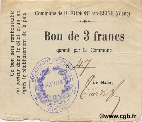3 Francs FRANCE régionalisme et divers  1916 JP.02-0134 TTB