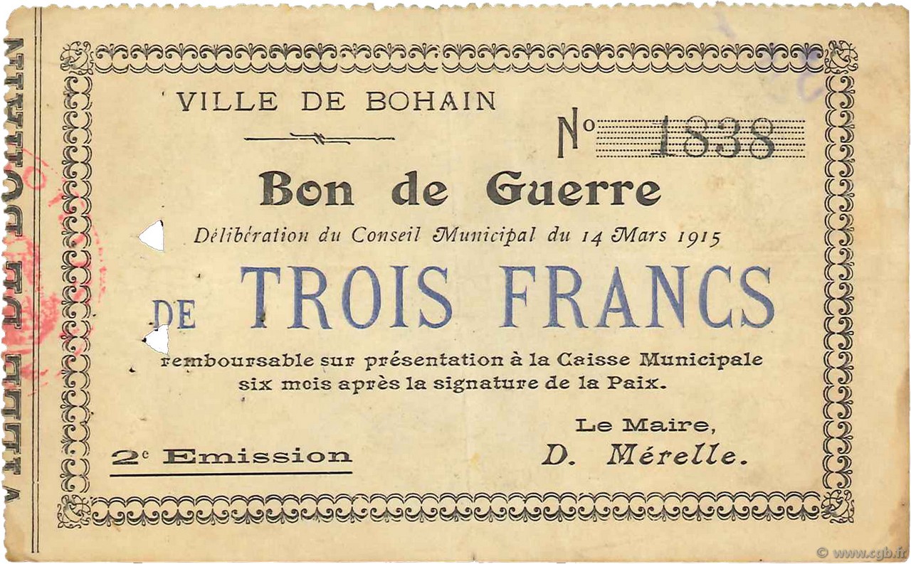 3 Francs FRANCE régionalisme et divers  1915 JP.02-0257 TTB