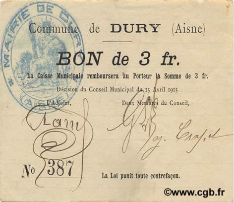 3 Francs FRANCE régionalisme et divers  1915 JP.02-0616 TTB