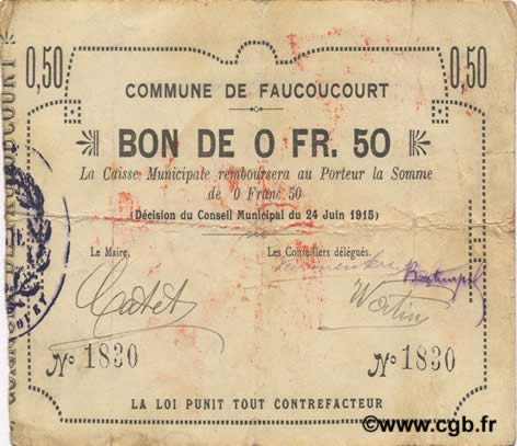 50 Centimes FRANCE régionalisme et divers  1915 JP.02-0778 TB