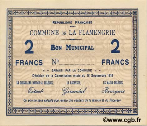 2 Francs FRANCE Regionalismus und verschiedenen  1915 JP.02-0846 fST+