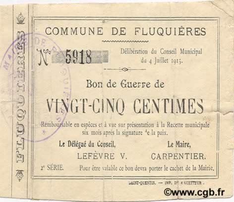25 Centimes FRANCE régionalisme et divers  1915 JP.02-0907 TB