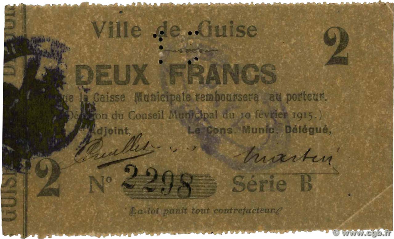 2 Francs FRANCE régionalisme et divers Guise 1915 JP.02-1103 TTB