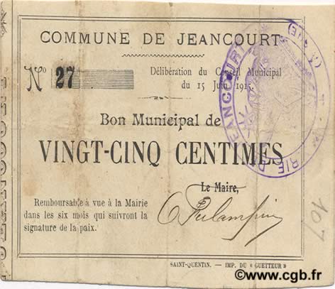 25 Centimes FRANCE régionalisme et divers  1915 JP.02-1243 TTB
