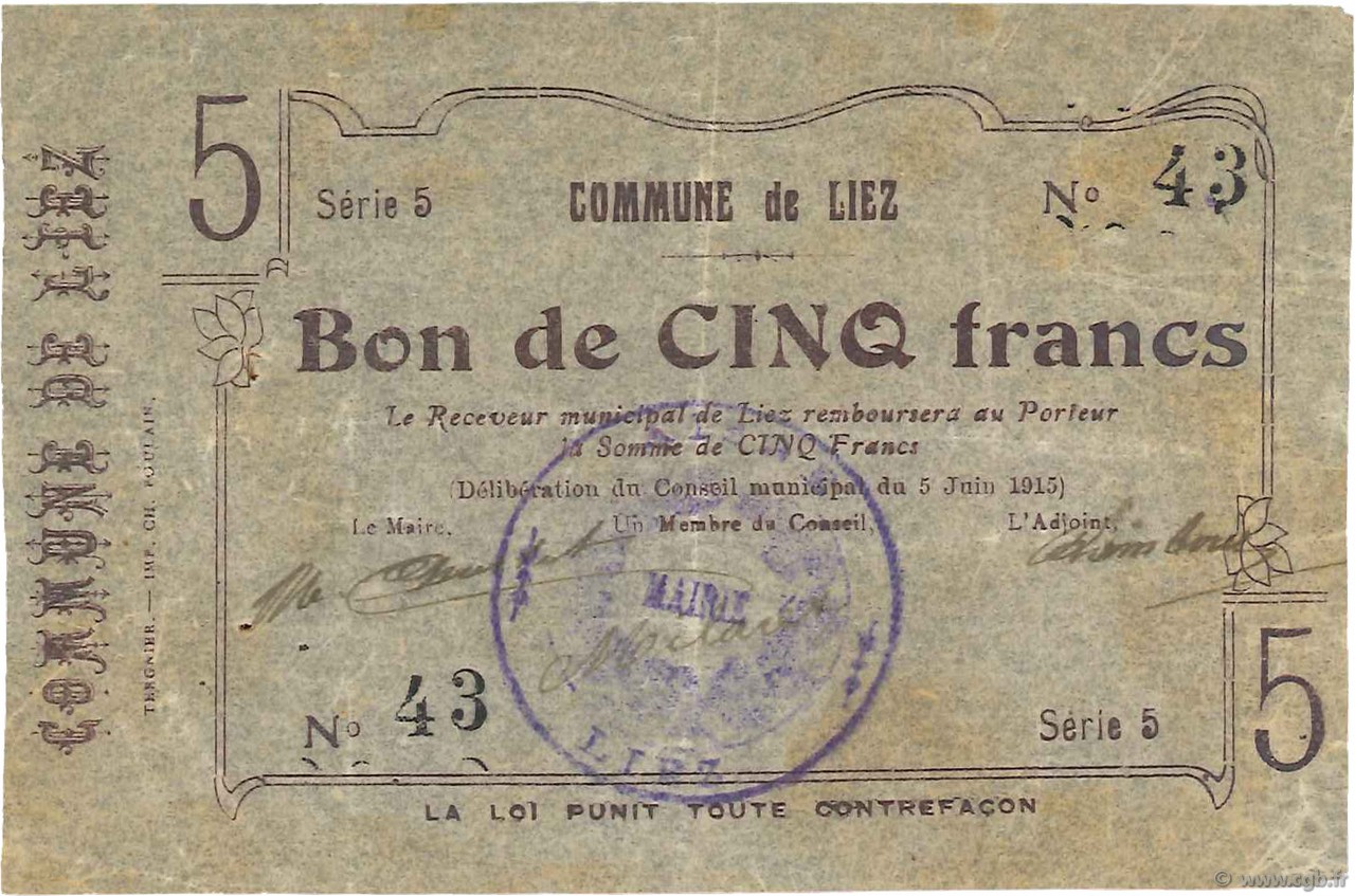 5 Francs FRANCE régionalisme et divers  1915 JP.02-1383 TTB