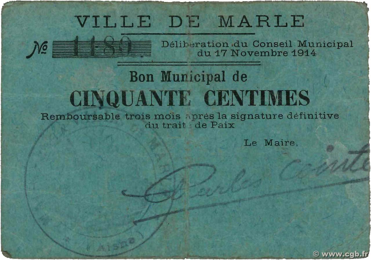 50 Centimes FRANCE régionalisme et divers Marle 1914 JP.02-1438 TB