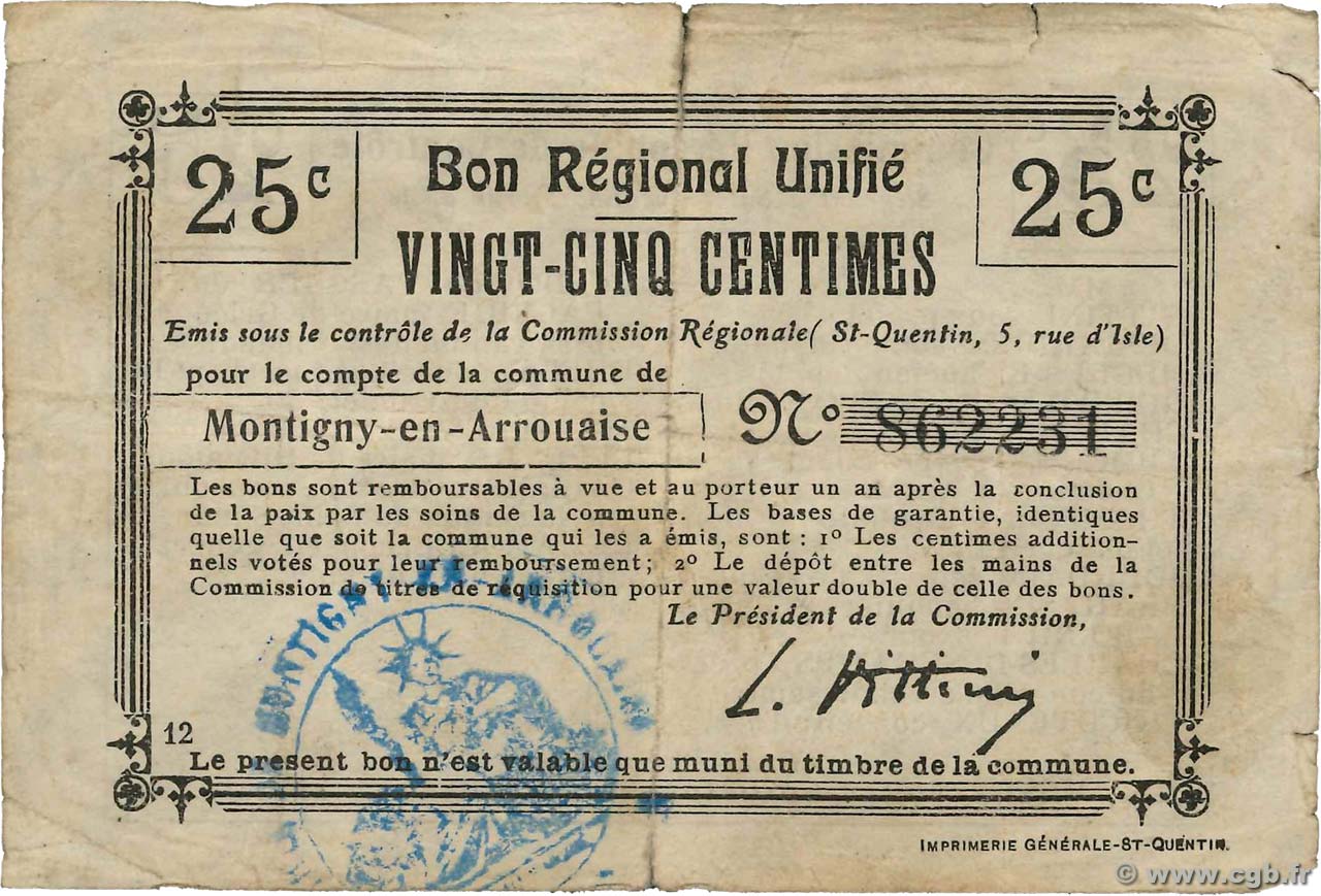 25 Centimes FRANCE régionalisme et divers Montigny-en-Arrouaise 1916 JP.02-1591.BRU B+