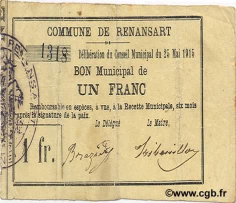 1 Franc FRANCE régionalisme et divers  1915 JP.02-1919 TTB