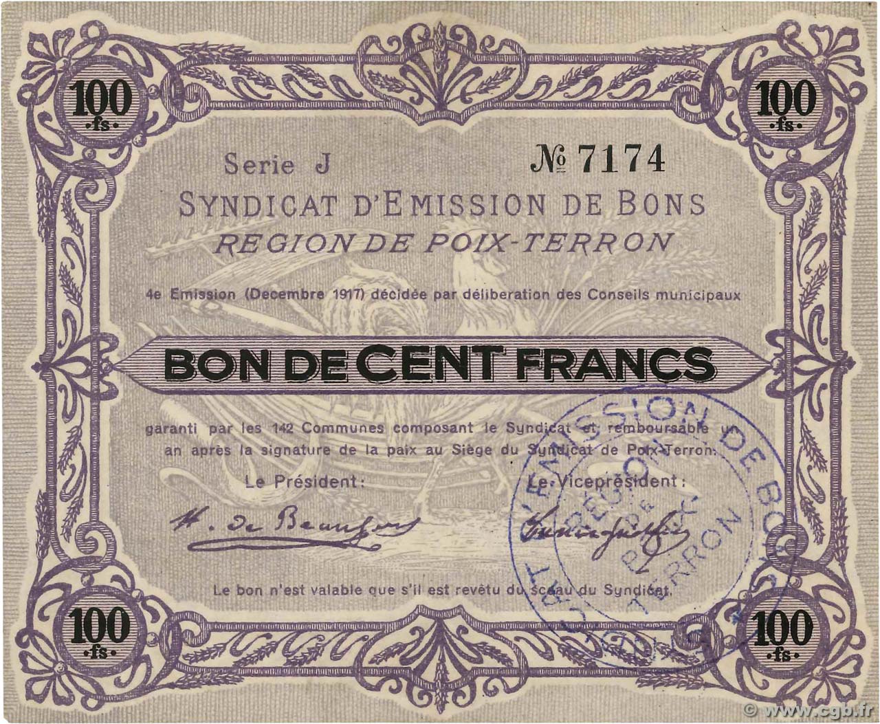 100 Francs FRANCE regionalism and various Poix-Terron 1917 JP.08-164 XF