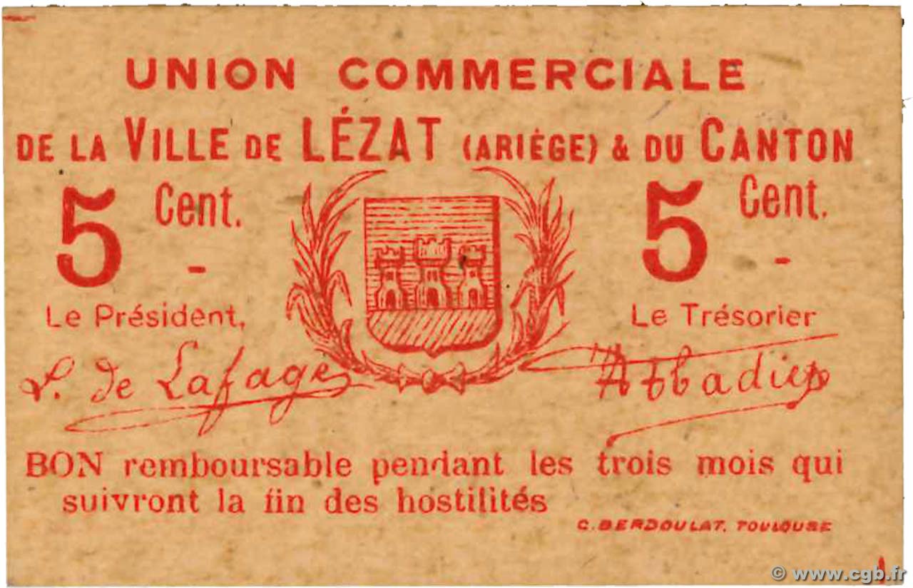 5 Centimes FRANCE Regionalismus und verschiedenen Lezat 1914 JP.09-037 fST