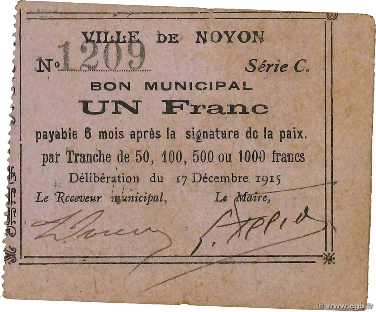 1 Franc FRANCE regionalismo y varios Noyon 1915 JP.60-069 BC
