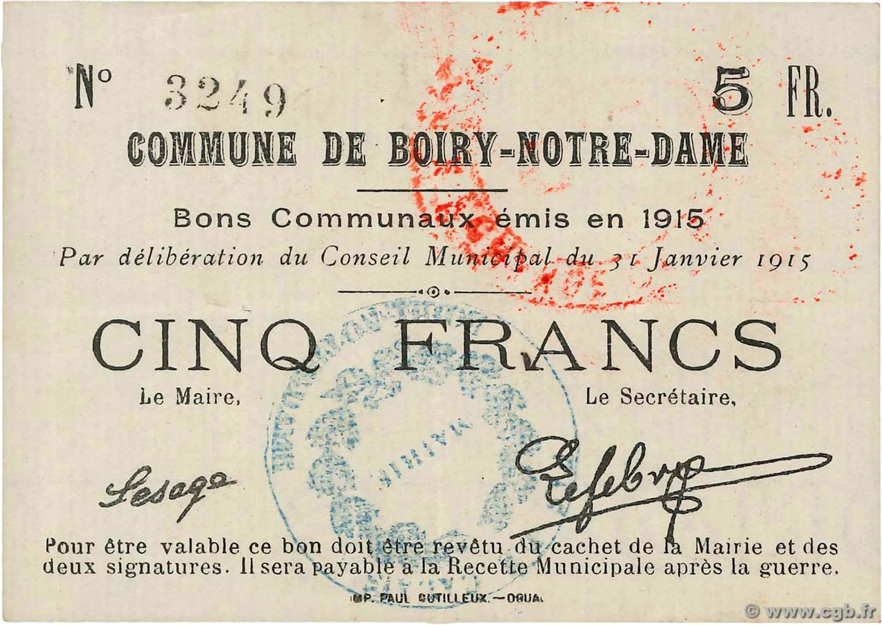5 Francs FRANCE regionalismo y varios Boiry-Notre-Dame 1915 JP.62-0170 MBC