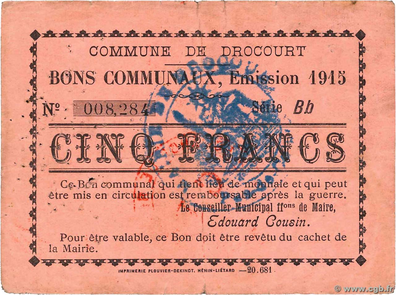 5 Francs FRANCE regionalismo y varios Drocourt 1915 JP.62-0461 MBC