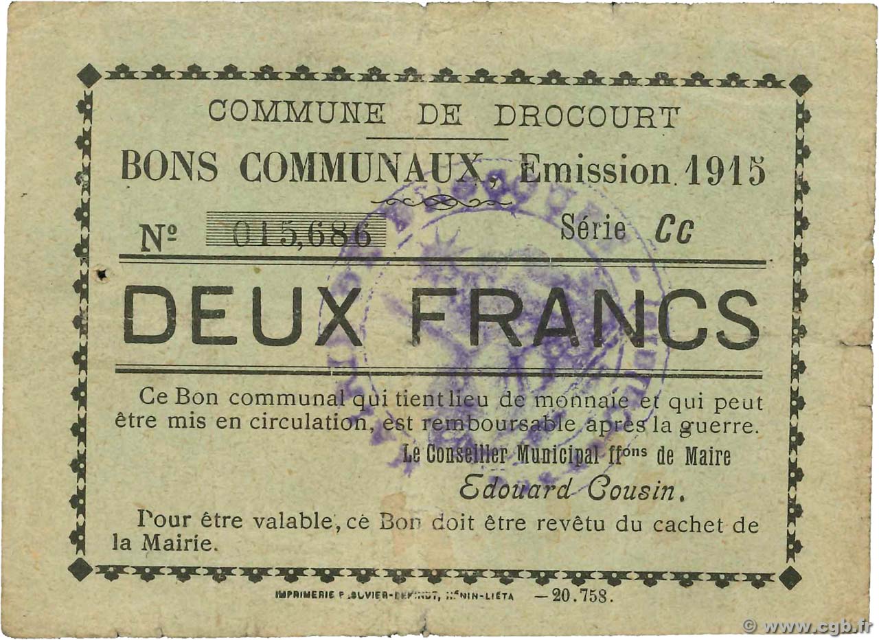 2 Francs FRANCE regionalismo y varios Drocourt 1915 JP.62-0464 MBC