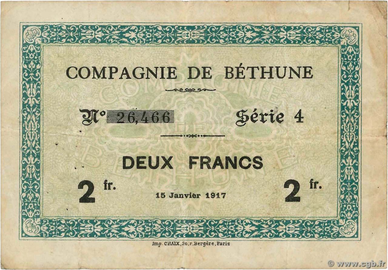 2 Francs FRANCE regionalismo y varios Bethune 1917 JP.62-0650 MBC