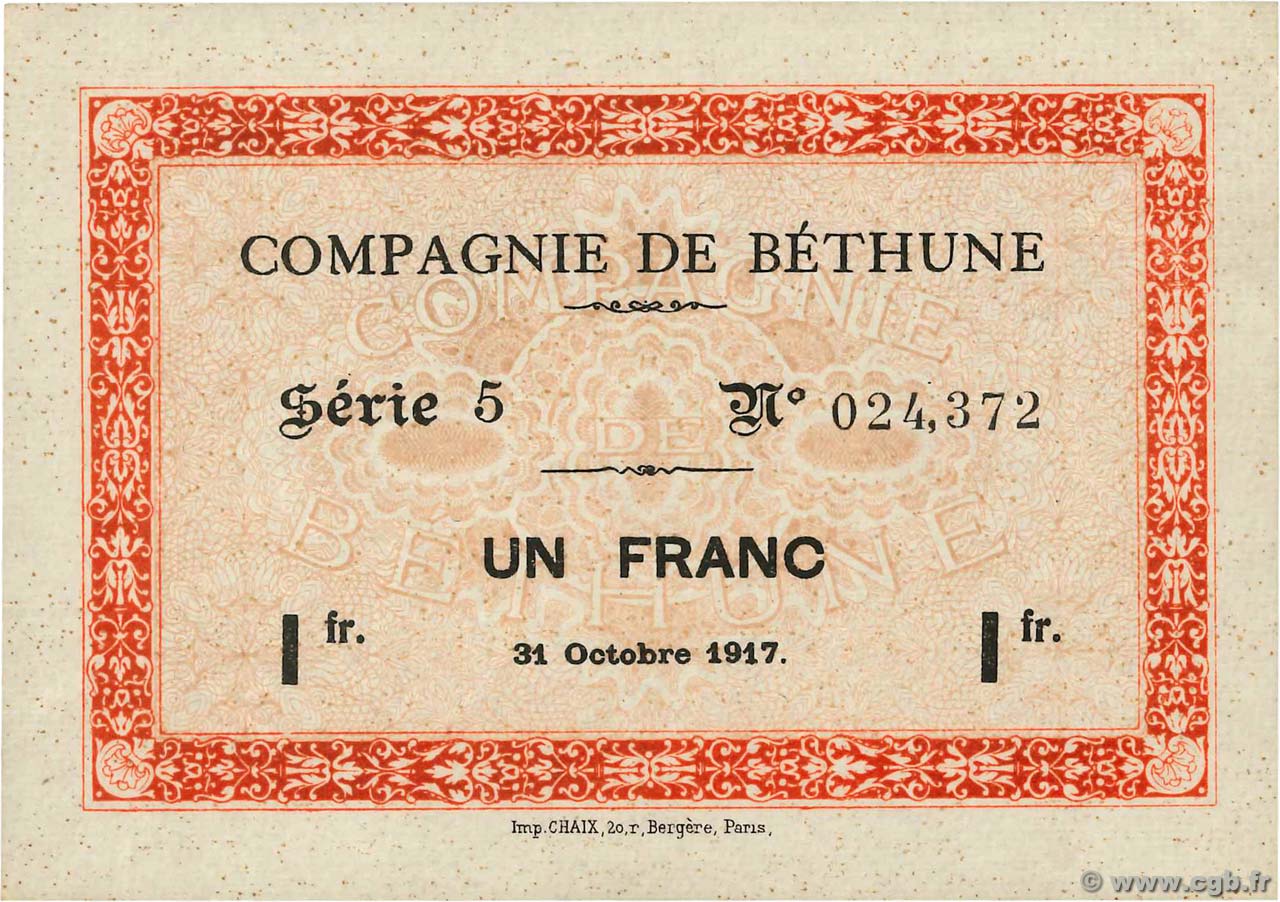 1 Franc FRANCE regionalism and various Bethune 1917 JP.62-0654 XF