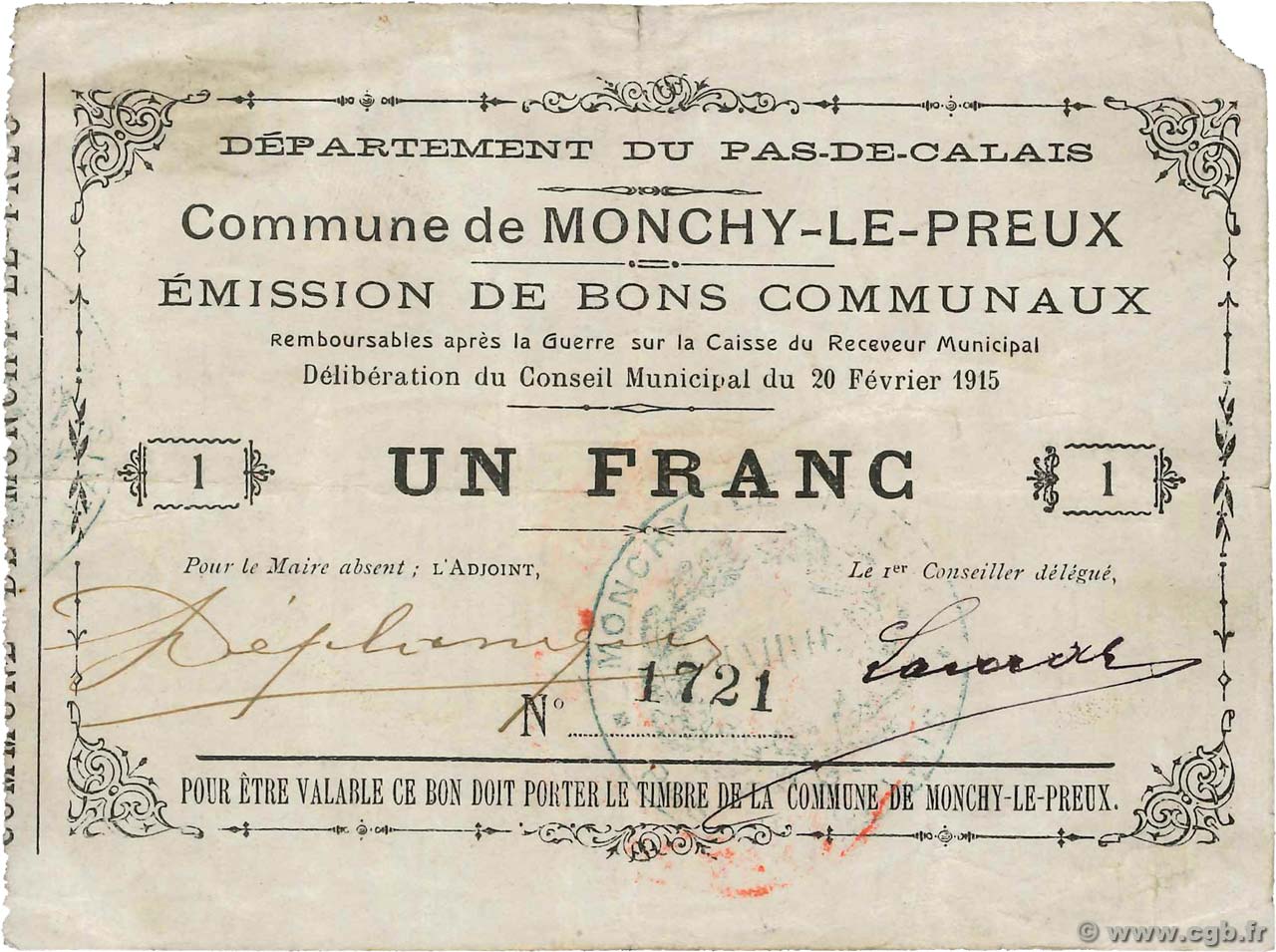 1 Franc FRANCE regionalism and various Monchy-Le-Preux 1915 JP.62-0902 F+