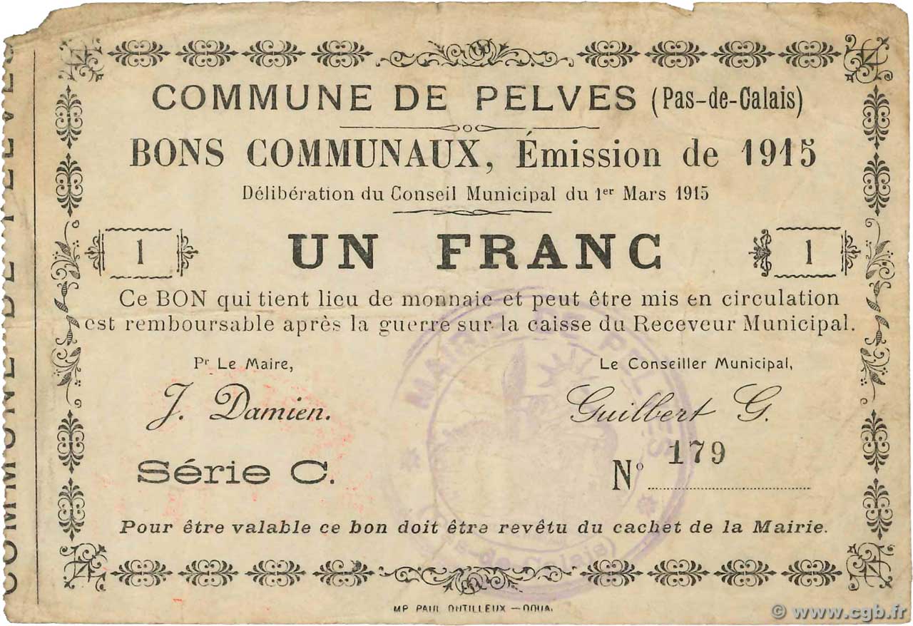 1 Franc FRANCE regionalismo y varios Pelves 1915 JP.62-1124 BC