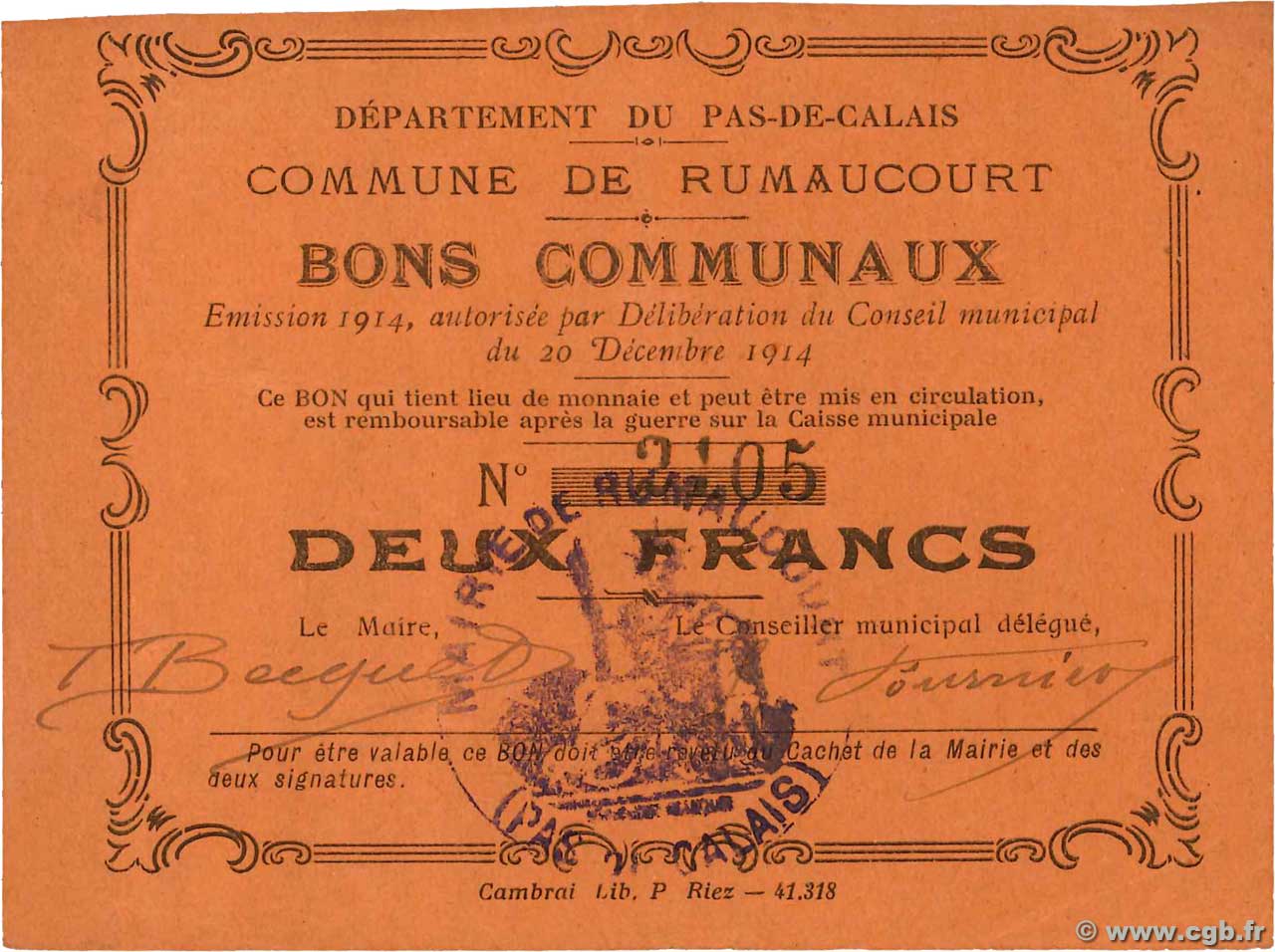 2 Francs FRANCE regionalismo y varios Rumaucourt 1914 JP.62-1208 SC