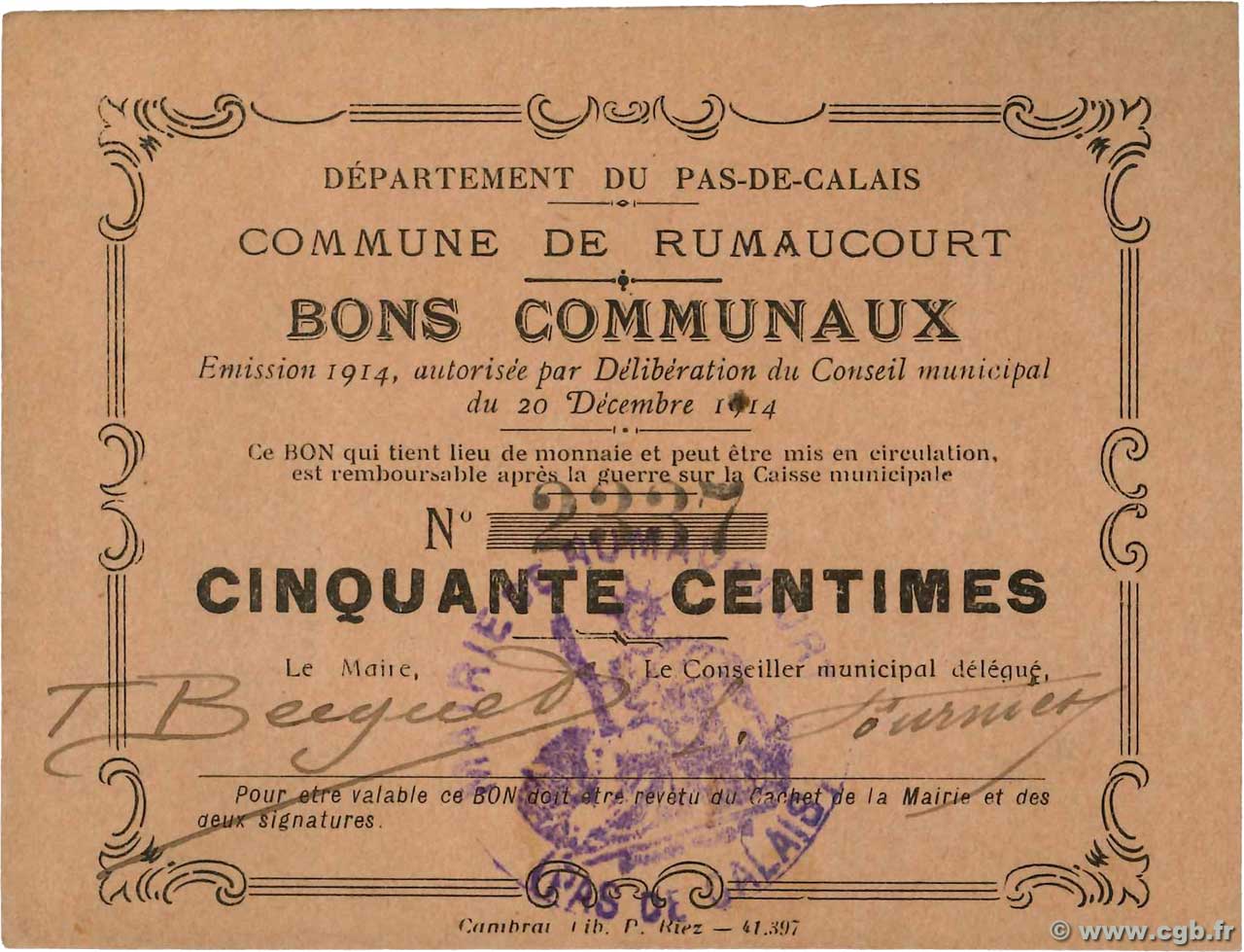 50 Centimes FRANCE regionalismo y varios Rumaucourt 1914 JP.62-1210 SC