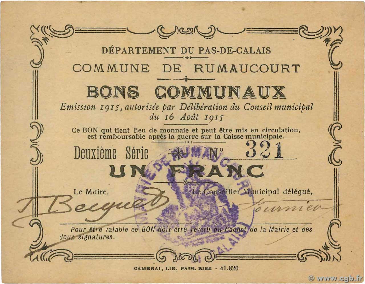 1 Franc FRANCE Regionalismus und verschiedenen Rumaucourt 1915 JP.62-1216 VZ