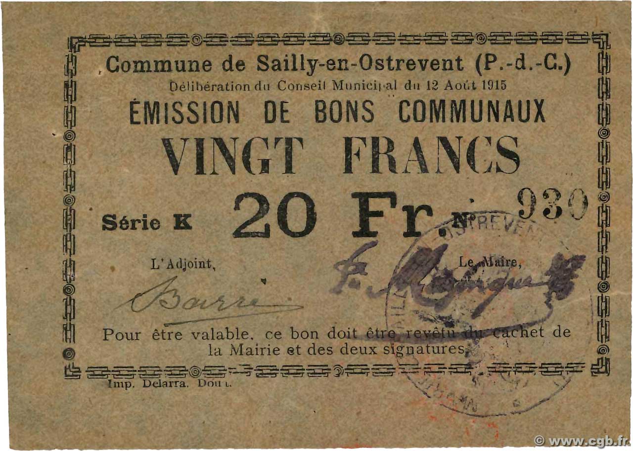20 Francs FRANCE regionalismo y varios Sailly-En-Ostrevent 1915 JP.62-1232 SC