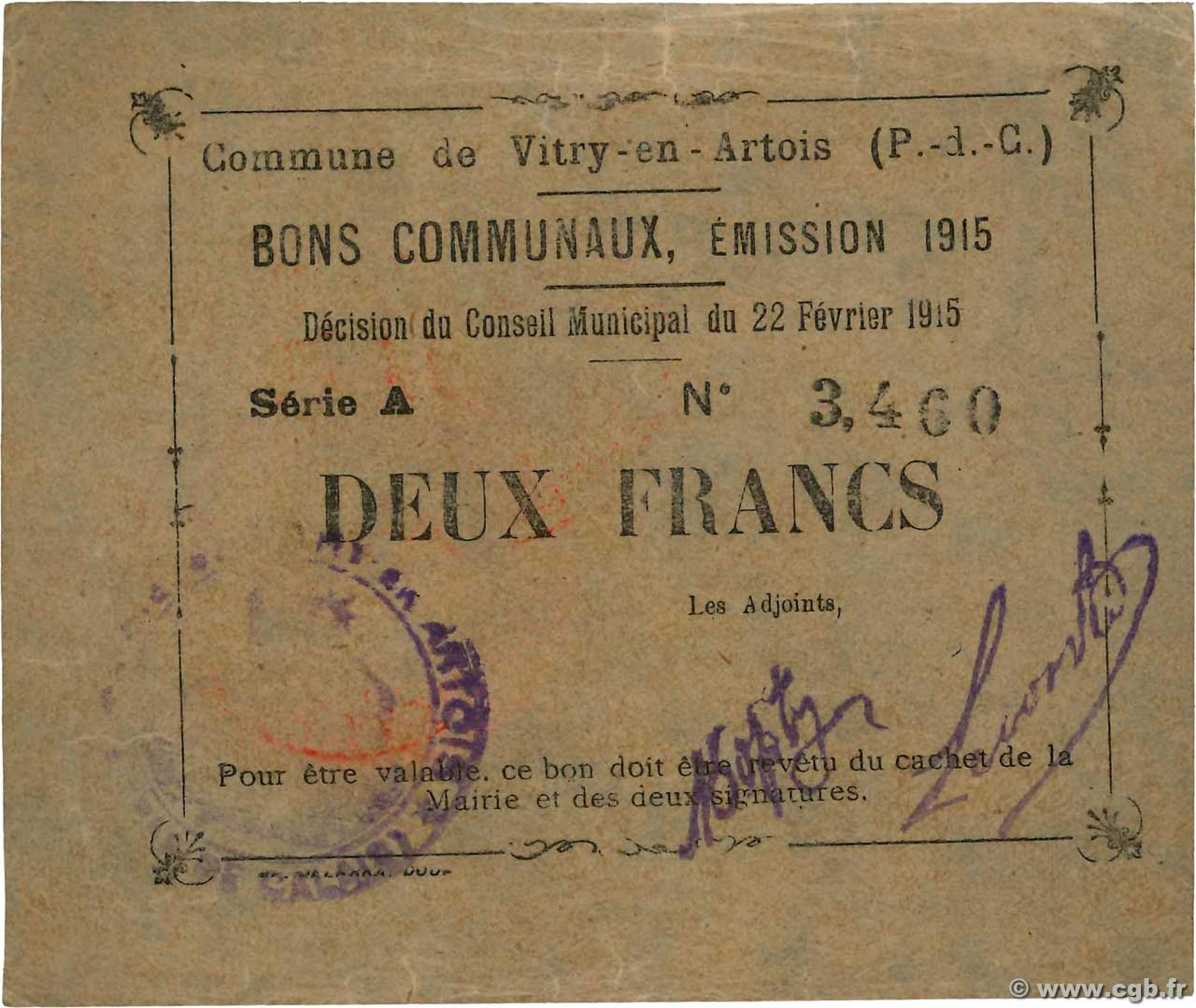 2 Francs FRANCE Regionalismus und verschiedenen Vitry-En-Artois 1915 JP.12-1303 VZ