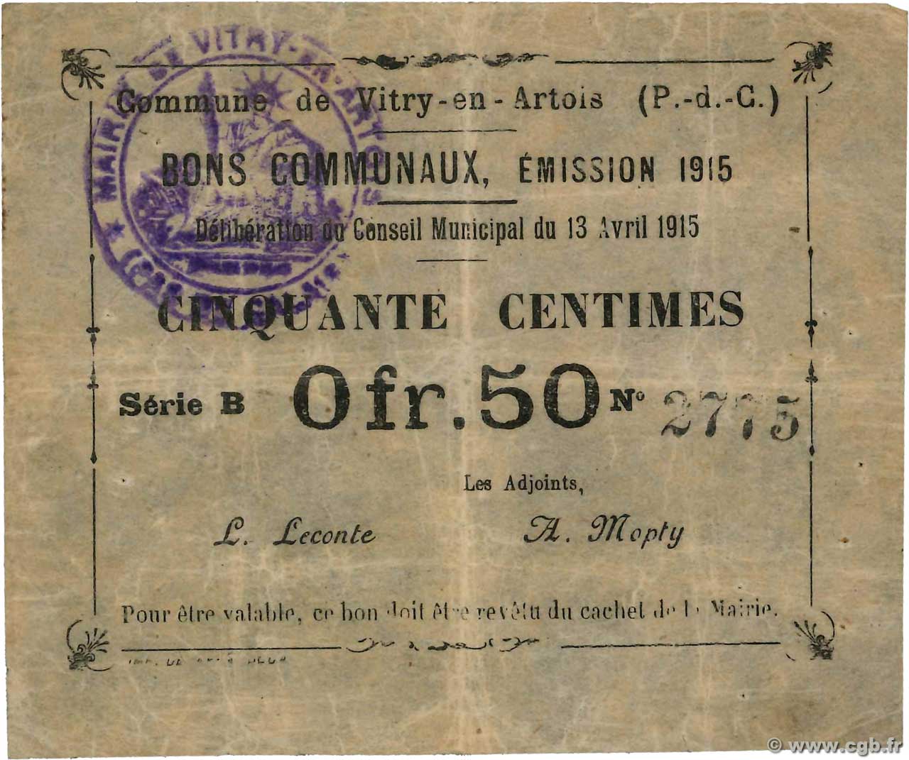 50 Centimes FRANCE Regionalismus und verschiedenen Vitry-En-Artois 1915 JP.12-1307 SS
