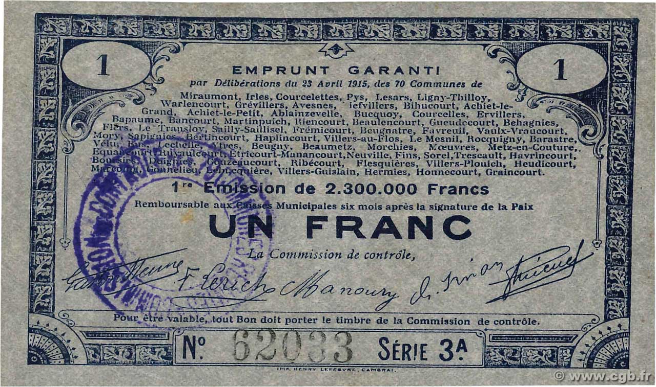1 Franc FRANCE Regionalismus und verschiedenen 70 Communes 1915 JP.62-0062 VZ