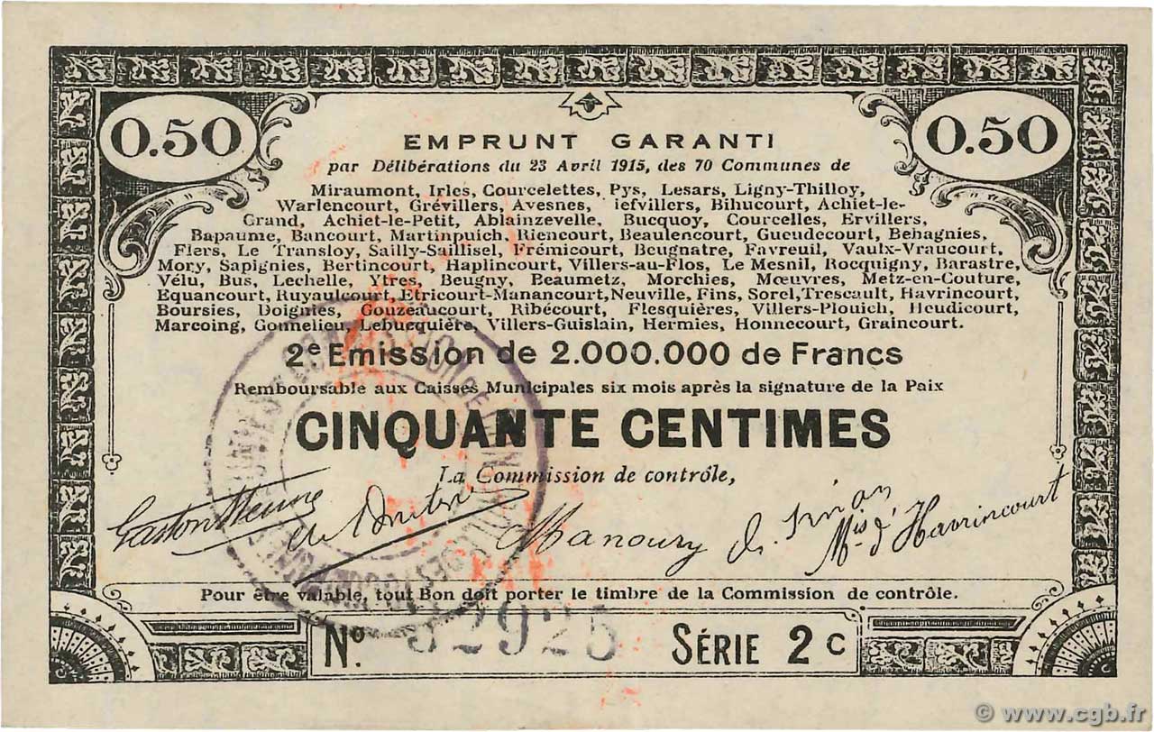 50 Centimes FRANCE Regionalismus und verschiedenen 70 Communes 1915 JP.62-0069 fST