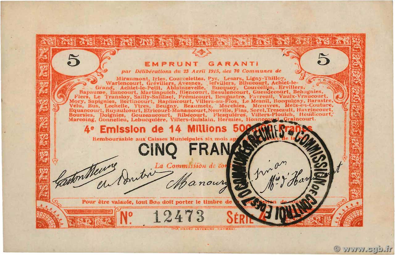 5 Francs FRANCE Regionalismus und verschiedenen 70 Communes 1915 JP.62-0081 fST