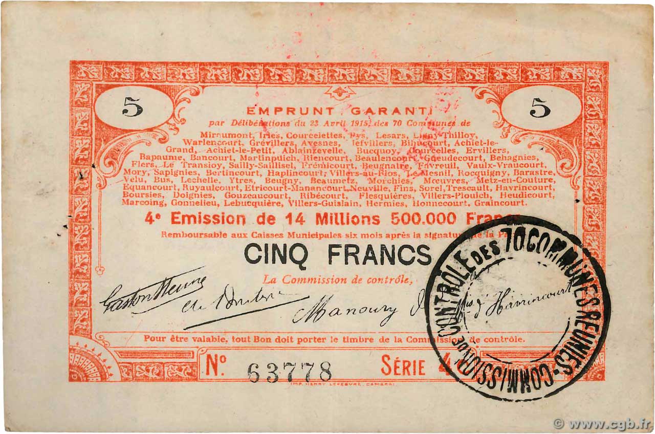 5 Francs FRANCE Regionalismus und verschiedenen 70 Communes 1915 JP.62-0081 SS