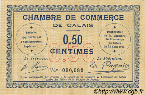 50 Centimes FRANCE régionalisme et divers Calais 1914 JP.036.01 SUP+
