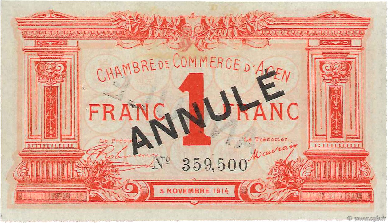1 Franc Annulé FRANCE régionalisme et divers Agen 1914 JP.002.04 SUP+