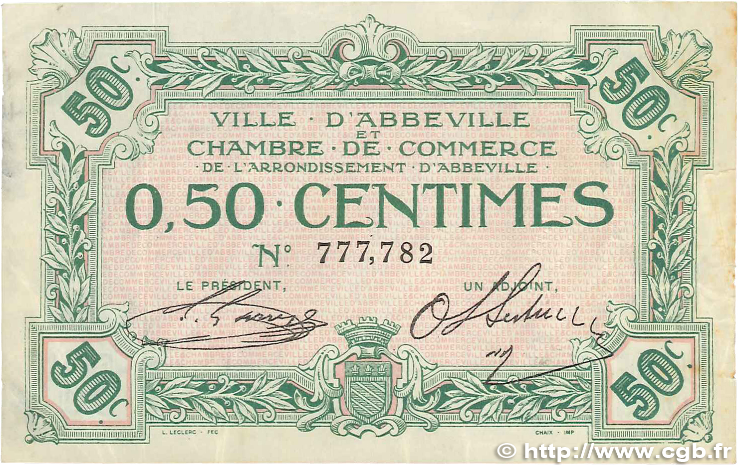 50 Centimes FRANCE régionalisme et divers Abbeville 1920 JP.001.01 TB