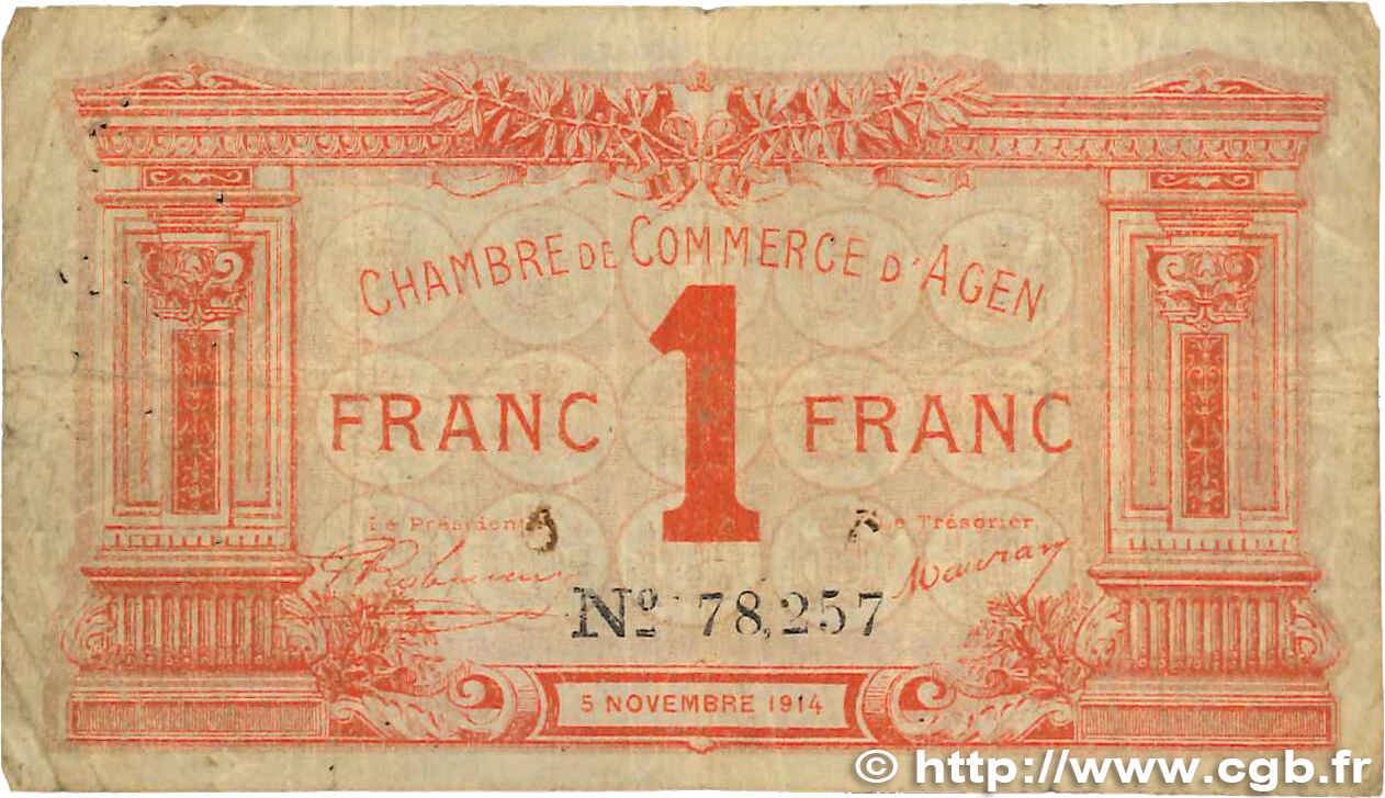 1 Franc FRANCE régionalisme et divers Agen 1914 JP.002.03 TB