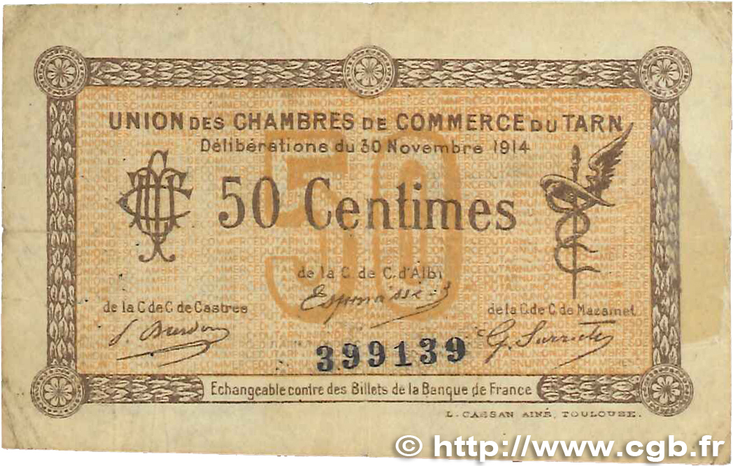 50 Centimes FRANCE régionalisme et divers Albi - Castres - Mazamet 1914 JP.005.01 TB