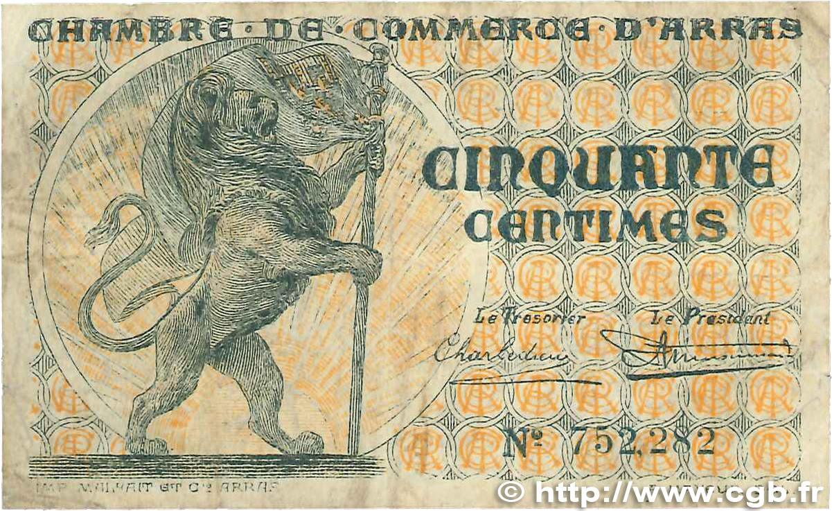 50 Centimes FRANCE regionalism and miscellaneous Arras 1918 JP.013.04 VF-