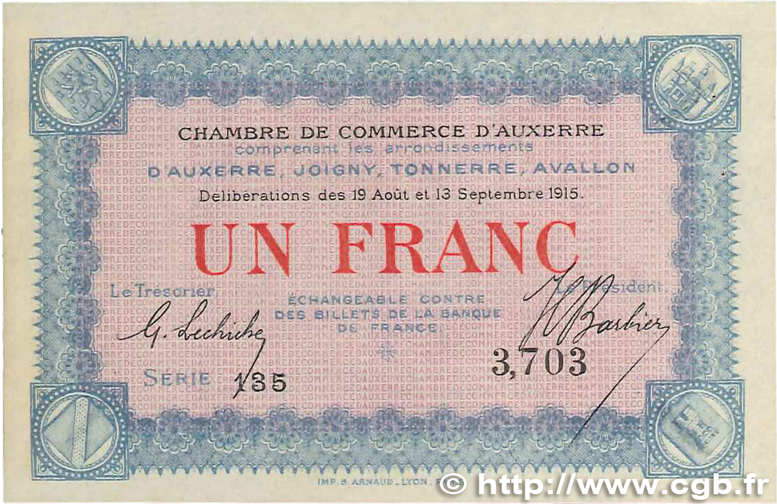 1 Franc FRANCE regionalism and miscellaneous Auxerre 1915 JP.017.01 XF