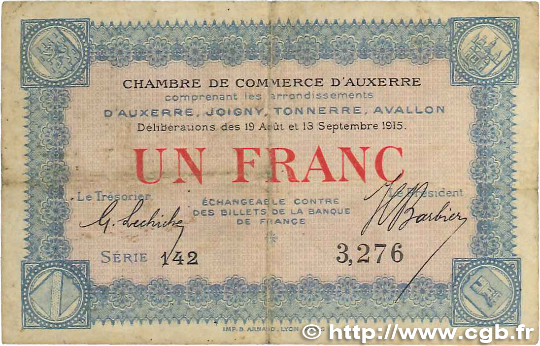 1 Franc FRANCE regionalism and miscellaneous Auxerre 1915 JP.017.01 VF-