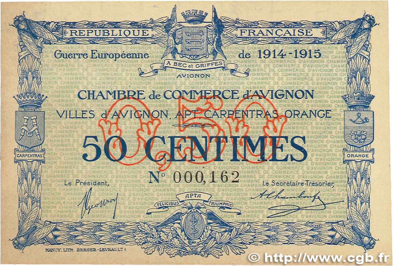 50 Centimes FRANCE régionalisme et divers Avignon 1915 JP.018.01 SUP