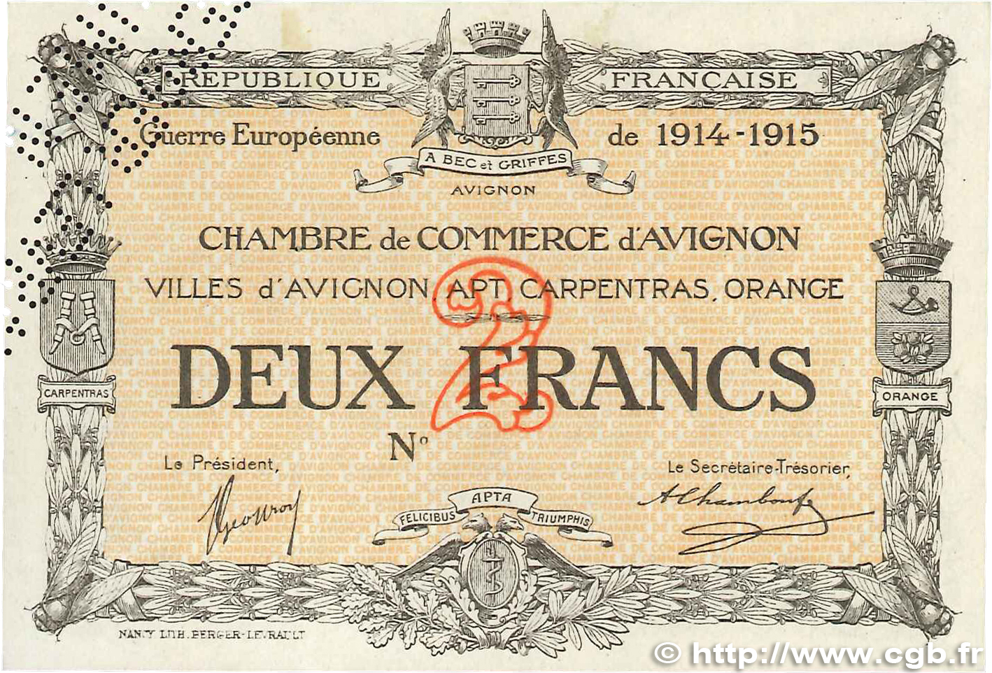 2 Francs Spécimen FRANCE regionalism and miscellaneous Avignon 1915 JP.018.09 XF+