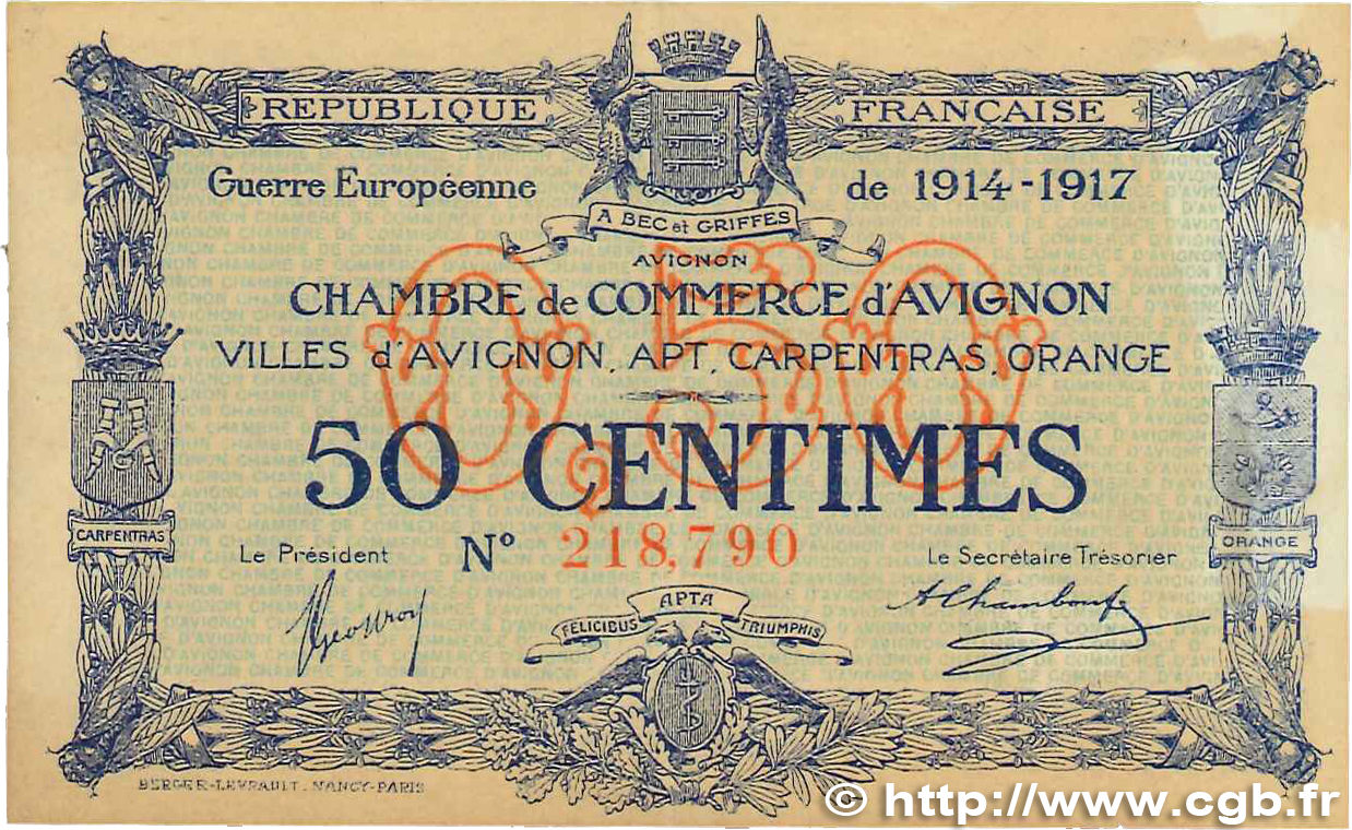 50 Centimes FRANCE regionalism and miscellaneous Avignon 1915 JP.018.13 VF+