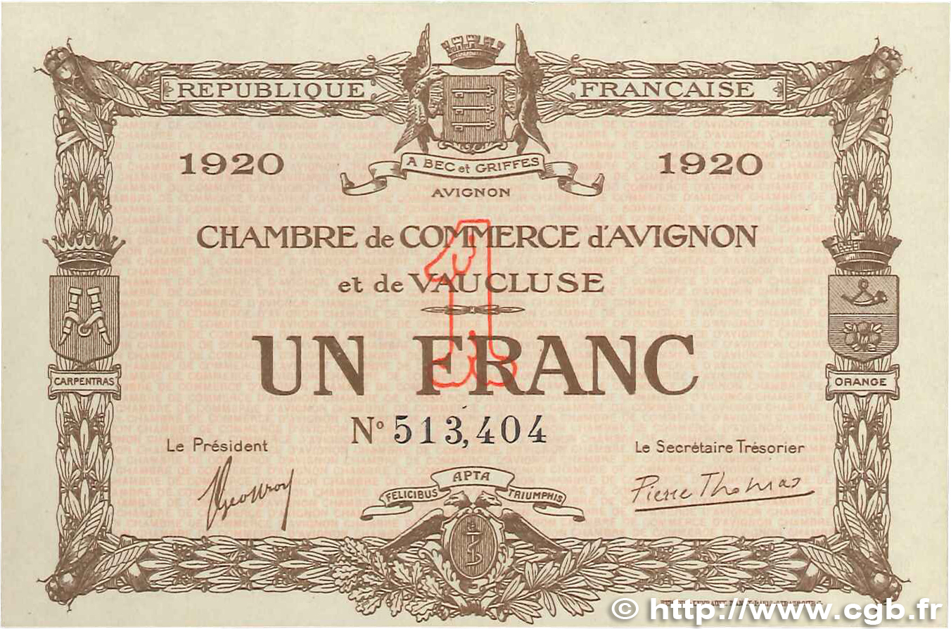 1 Franc FRANCE régionalisme et divers Avignon 1920 JP.018.24 SUP