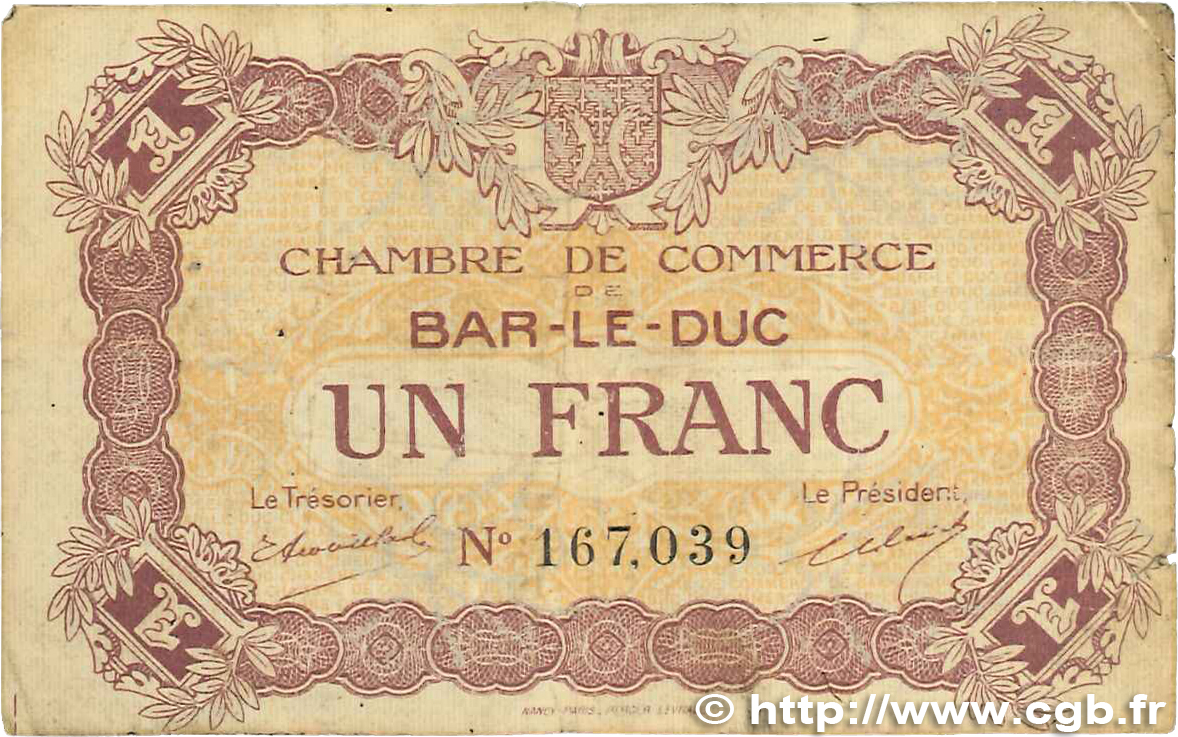 1 Franc FRANCE regionalism and miscellaneous Bar-Le-Duc 1920 JP.019.08 F