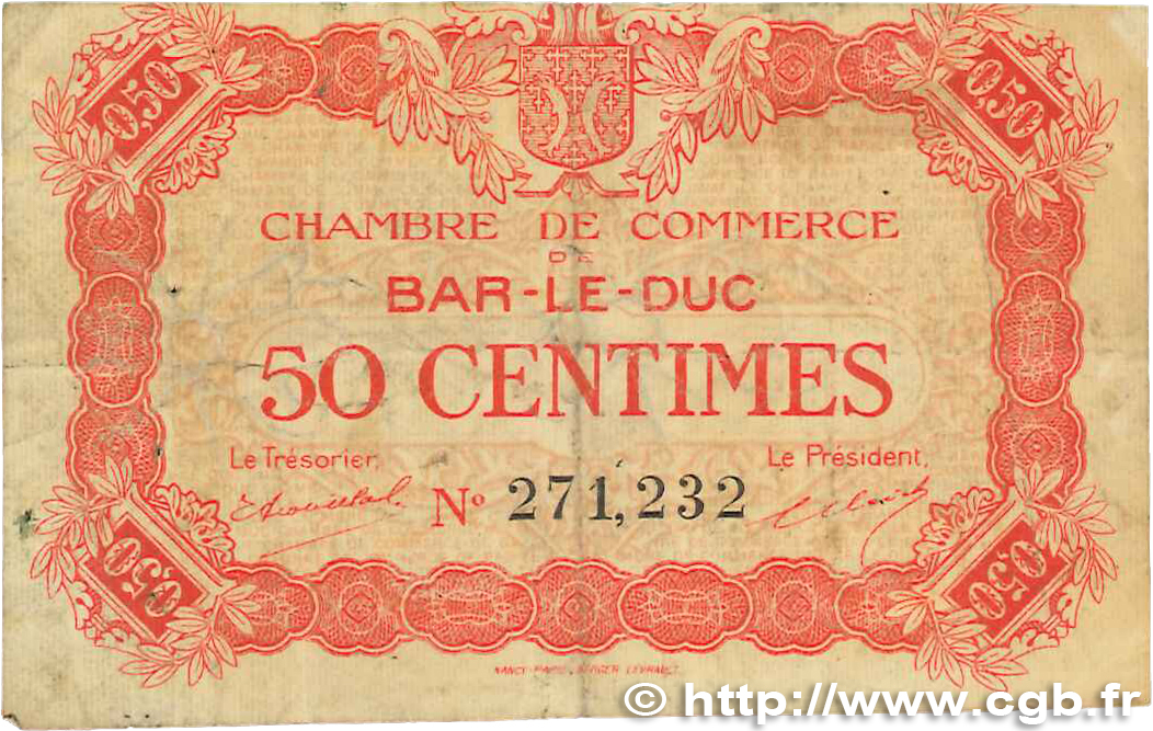 50 Centimes FRANCE régionalisme et divers Bar-Le-Duc 1917 JP.019.09 TB