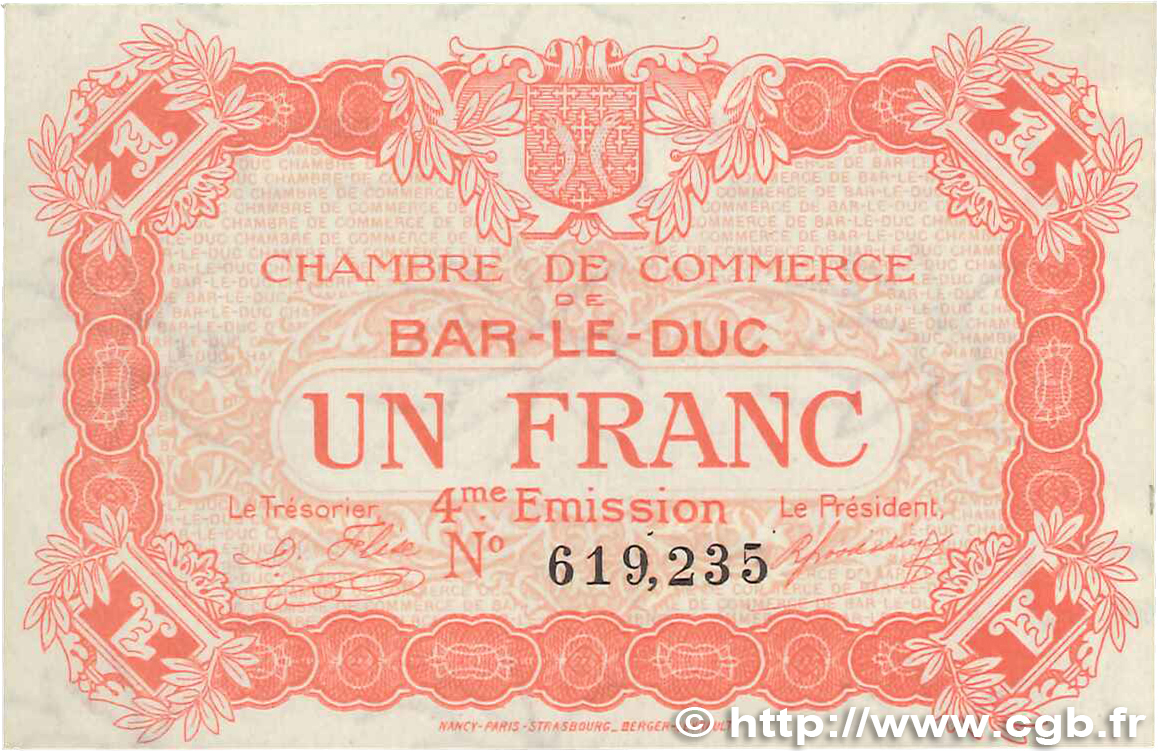 1 Franc FRANCE regionalism and miscellaneous Bar-Le-Duc 1917 JP.019.15 XF+